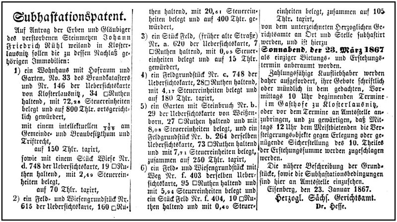 1867-03-23 Kl Verrsteigerung Ruehl Steinmetz
